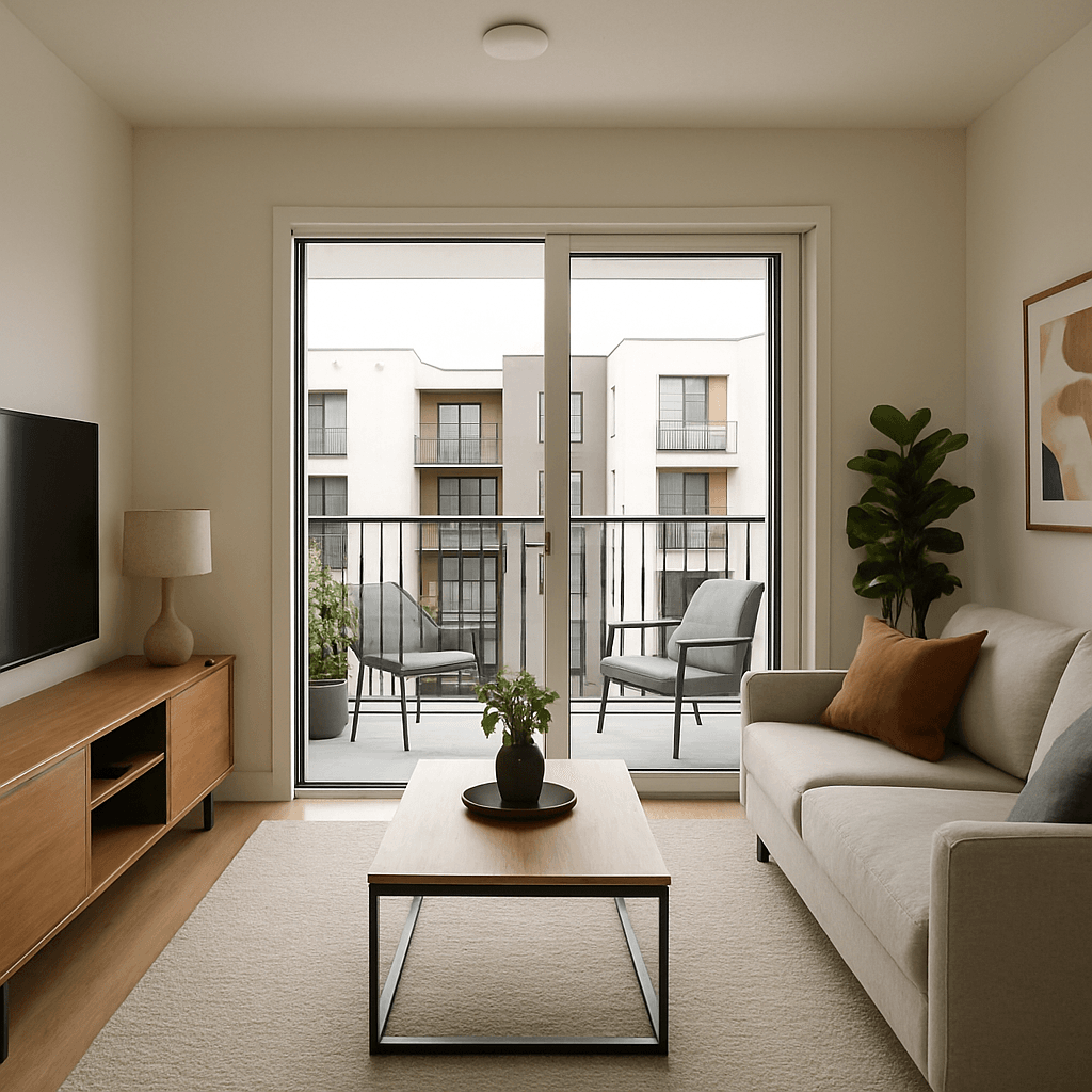 A Modern Living Room With A Sliding Glass Pocket Door
