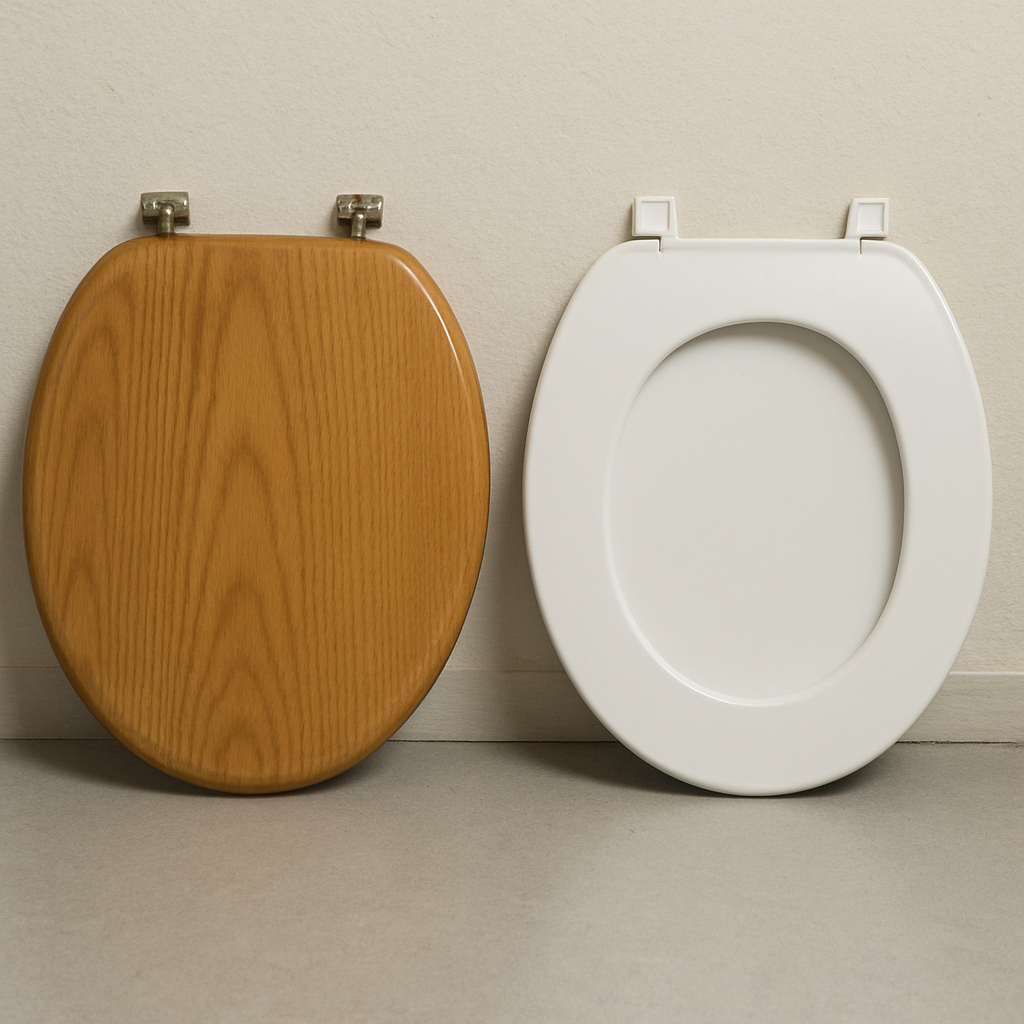 A wood toilet seat and a plastic toilet seat side by side for comparison