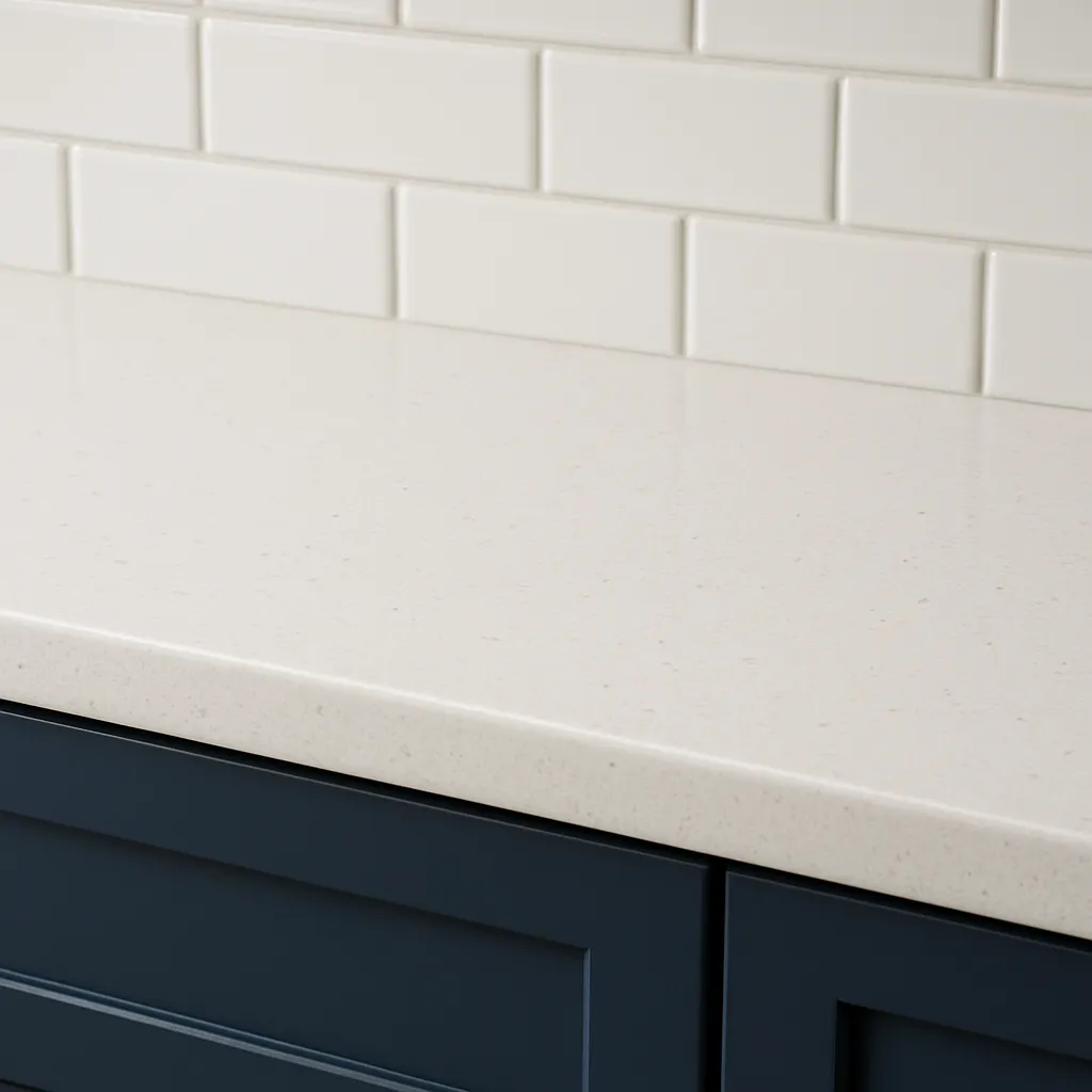 Close Up Of White Quartz Countertops And Subway Tile Backsplash Against Navy Cabinets