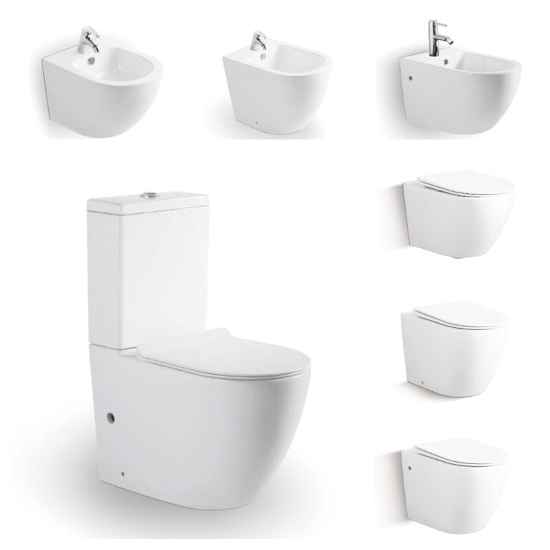 Iso 9001 & Ce Certified Sleek White Ceramic Bathroom Set Rimless Toilet + Matching Wall Bidet