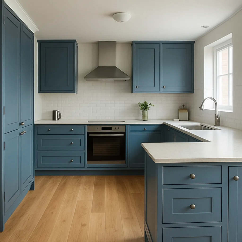 Kitchen Showing Light Oak Flooring Contrasting Beautifully With Blue Cabinetry