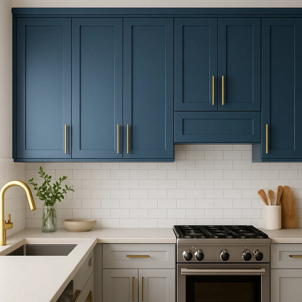 Modern Kitchen Featuring Blue Custom Upper Cabinets And Brass Hardware