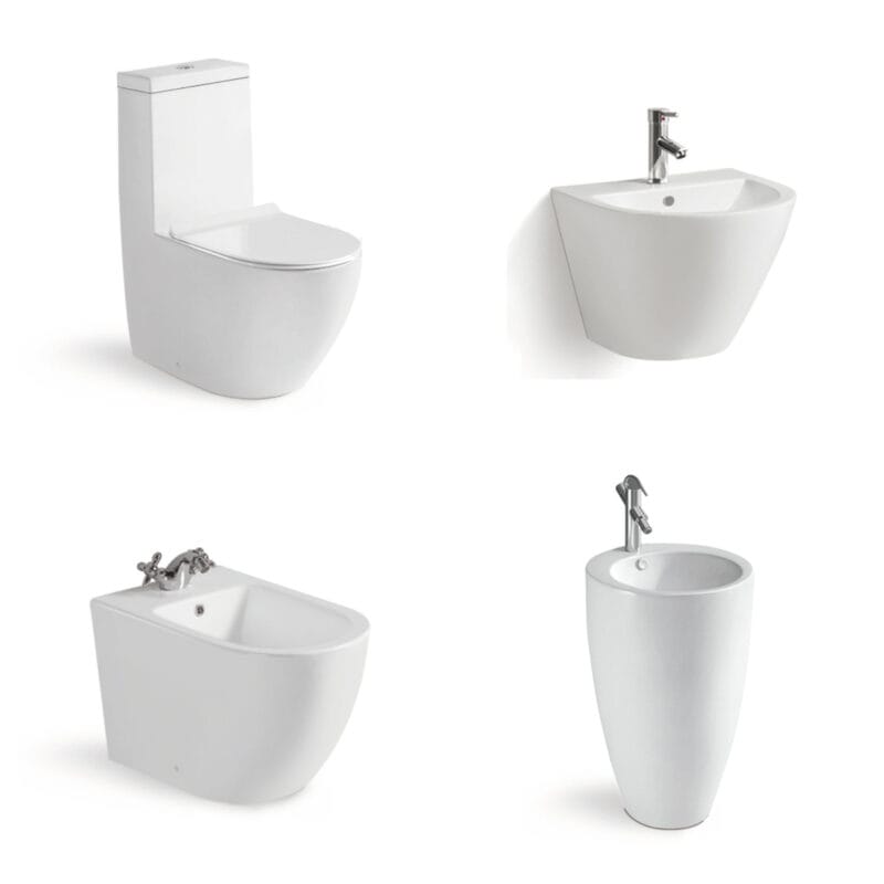Saso Approved Bathroom Ceramic Set Floor Standing Toilet + Wall Hung Basin & Bidet Combo For Saudi Projects