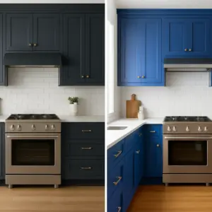 Side By Side Comparison Of A Navy Blue Kitchen And A Royal Blue Kitchen