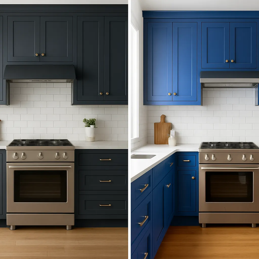 Side By Side Comparison Of A Navy Blue Kitchen And A Royal Blue Kitchen