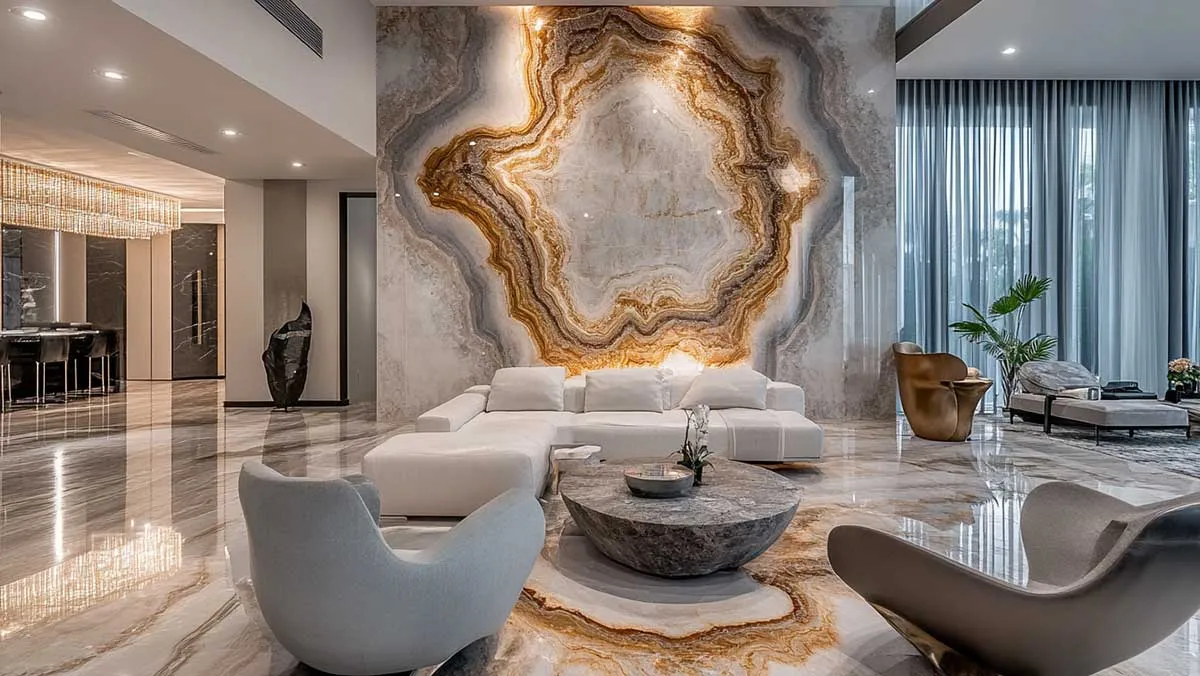 Large-format stone slab application in a luxury property
