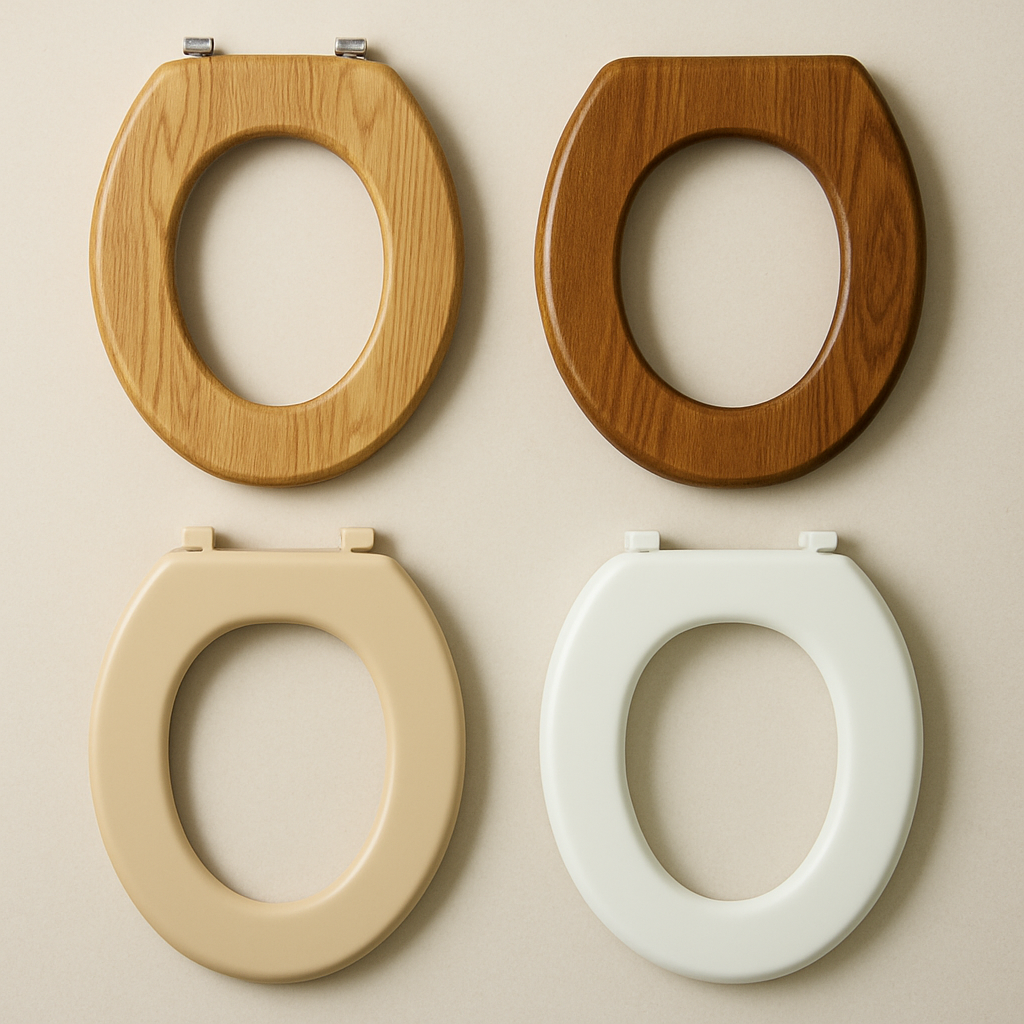 Various wood and plastic toilet seats showcasing different styles and appearances