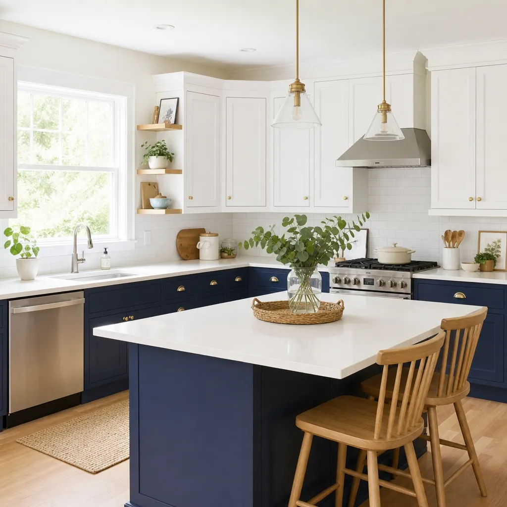 A Bright And Airy Kitchen Featuring Navy Blue Lower Cabinets And White Upper Cabinets
