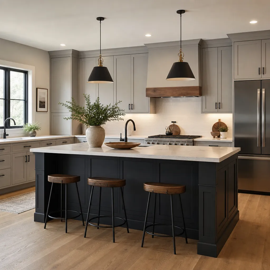 A Modern Kitchen Island Painted In Deep Charcoal Contrasting With Soft Gray Perimeter Cabinets