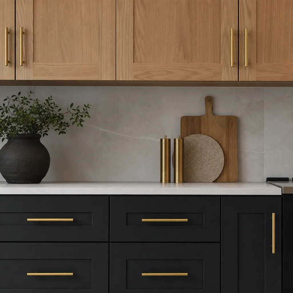 Close Up Of Matte Black Base Cabinets Paired With Natural Oak Upper Cabinets And Brass Hardware