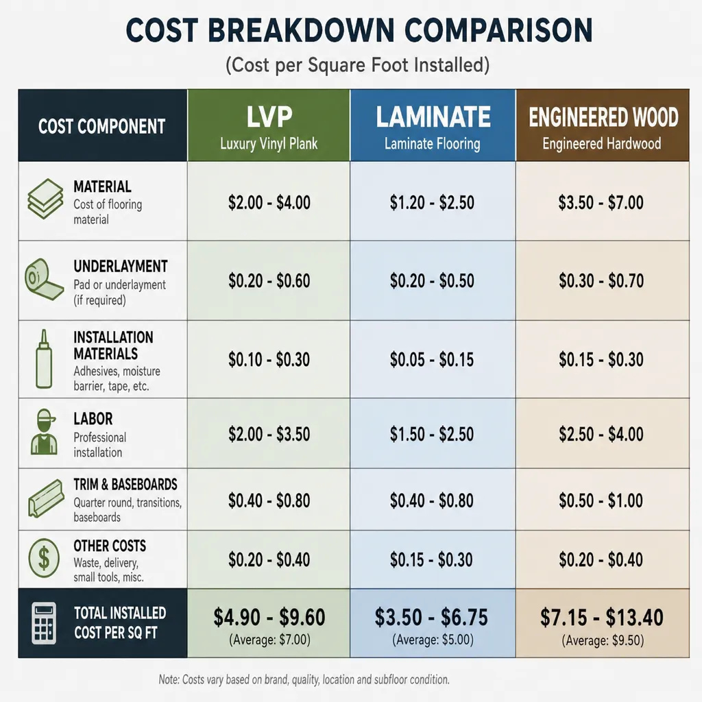 Comparison Chart Showing The Cost Breakdown Of Lvp, Laminate, And Engineered Wood