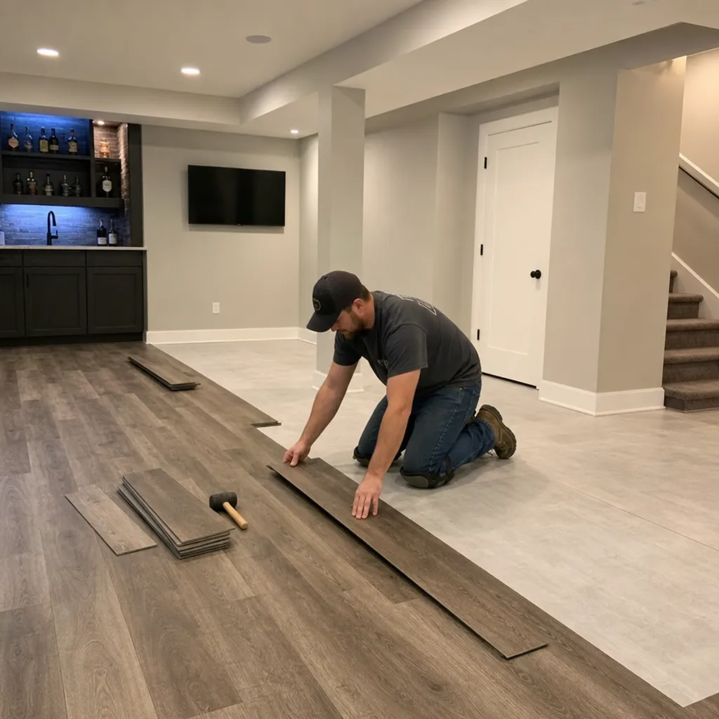 Contractor Installing Luxury Vinyl Plank Flooring In A Modern Finished Basement