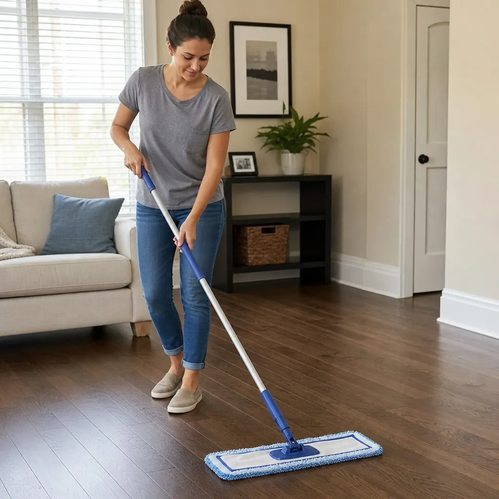 Homeowner Using A Microfiber Mop To Gently Clean An Engineered Wood Floor