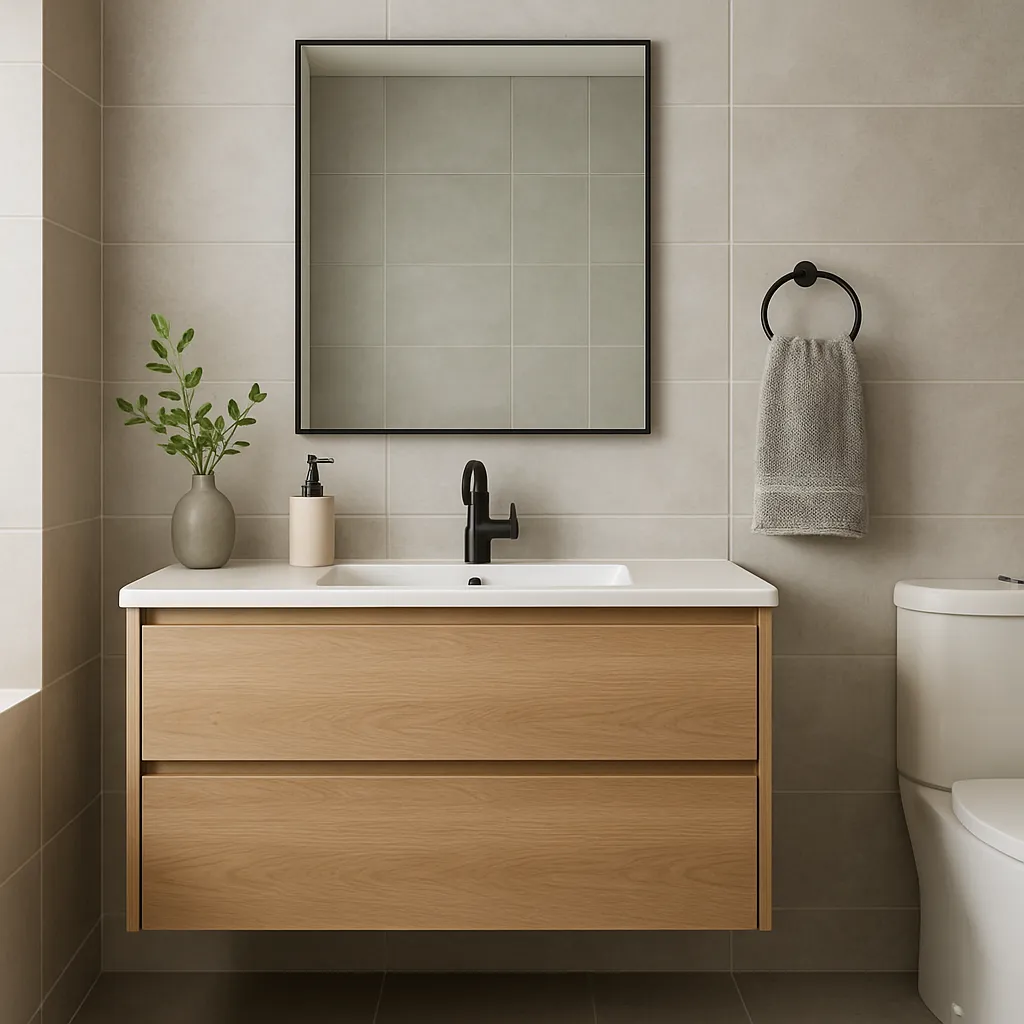 Modern Bathroom Interior Showcasing A Sleek Vanity Cabinet