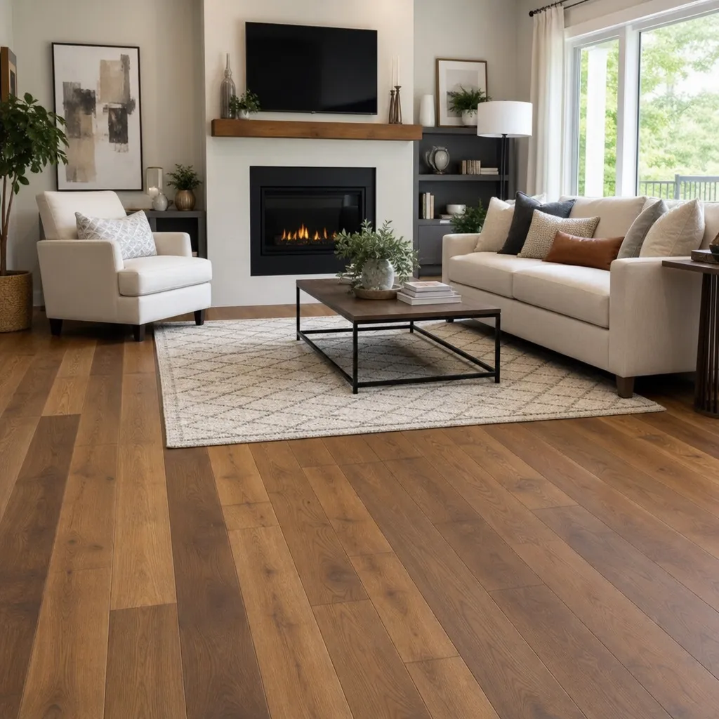 Modern Living Room Showcasing Beautiful Hardwood Style Flooring