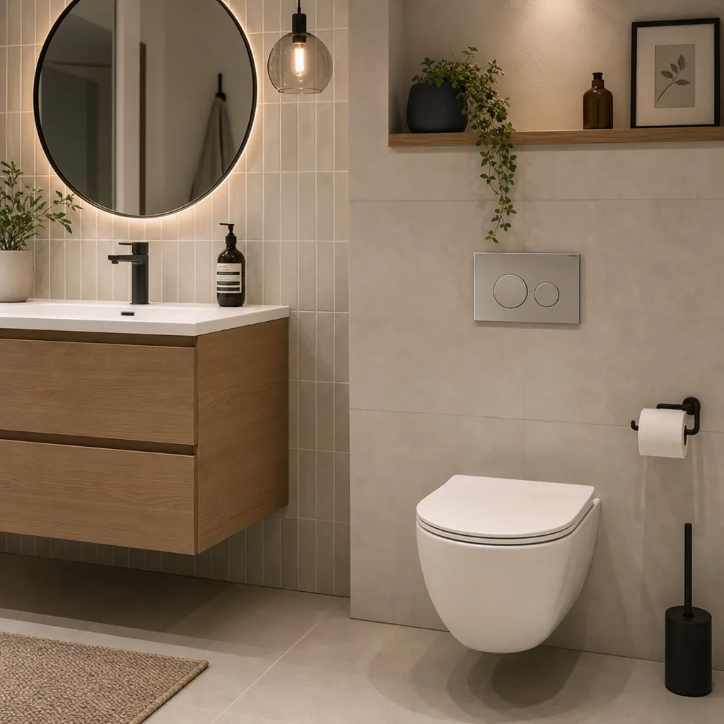 A Stylish Residential Bathroom Featuring A Dual Flush Actuator Plate On The Wall