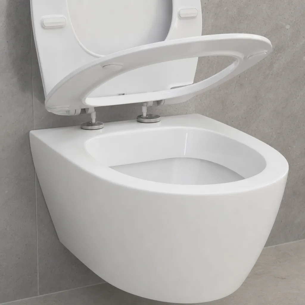 Close Up Of A Rimless Wall Hung Toilet Bowl And Quick Release Seat