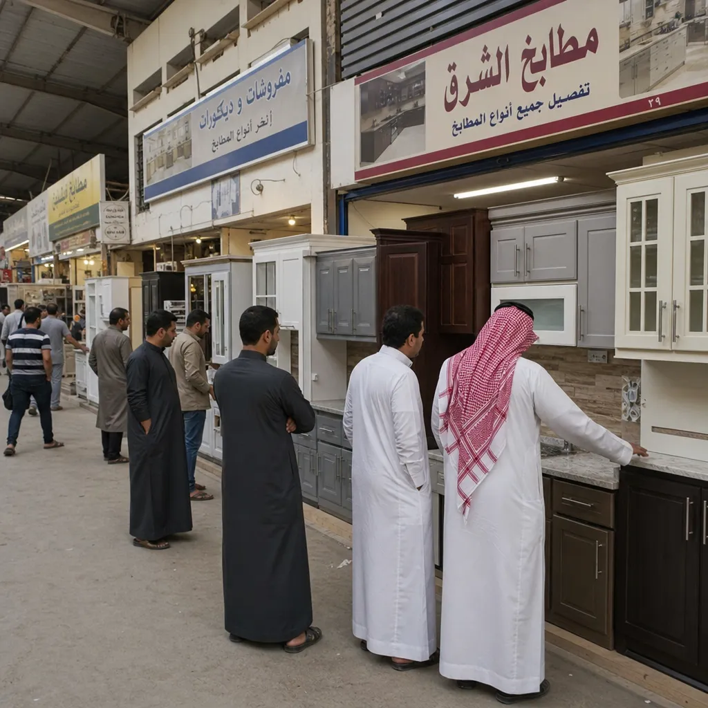 Customers Browsing A Bustling Local Furniture Market In Riyadh Showcasing Various Kitchen Cabinet Displays
