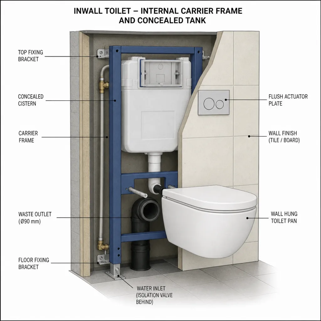 Diagram Showing The Internal Carrier Frame And Concealed Tank Of An Inwall Toilet