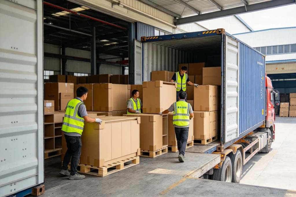 Flat Pack Kitchen Cabinets Being Loaded Into A 40hq Shipping Container At A Foshan Factory