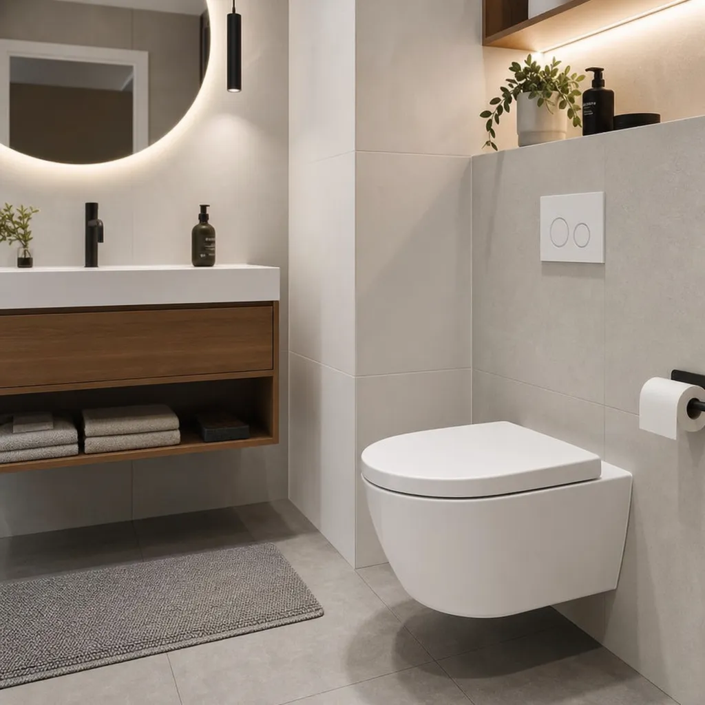 Modern Bathroom Featuring A Sleek White Floating Toilet