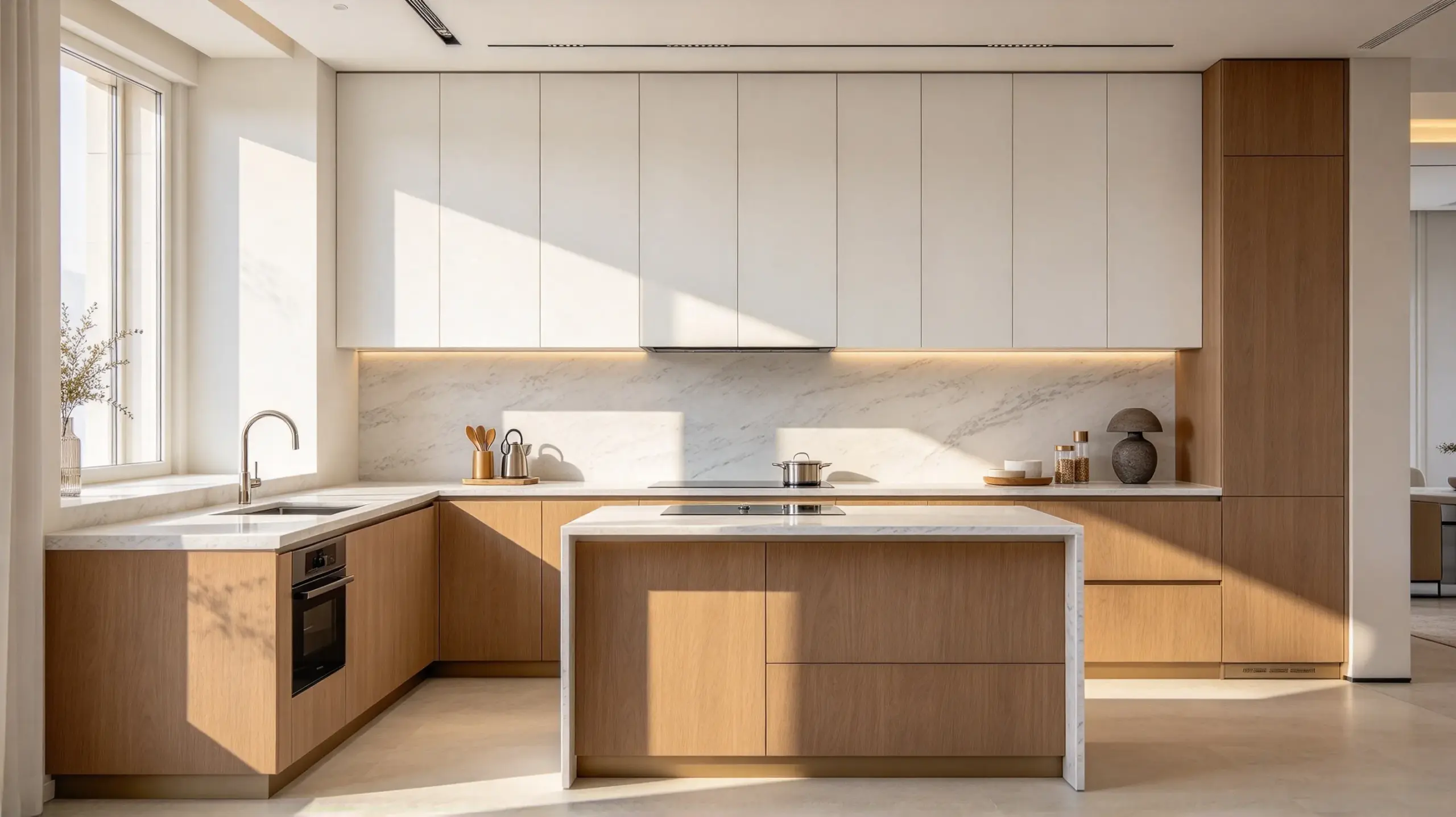 Modern handleless kitchen cabinets in a Riyadh villa with matte white uppers and warm wood-tone base units