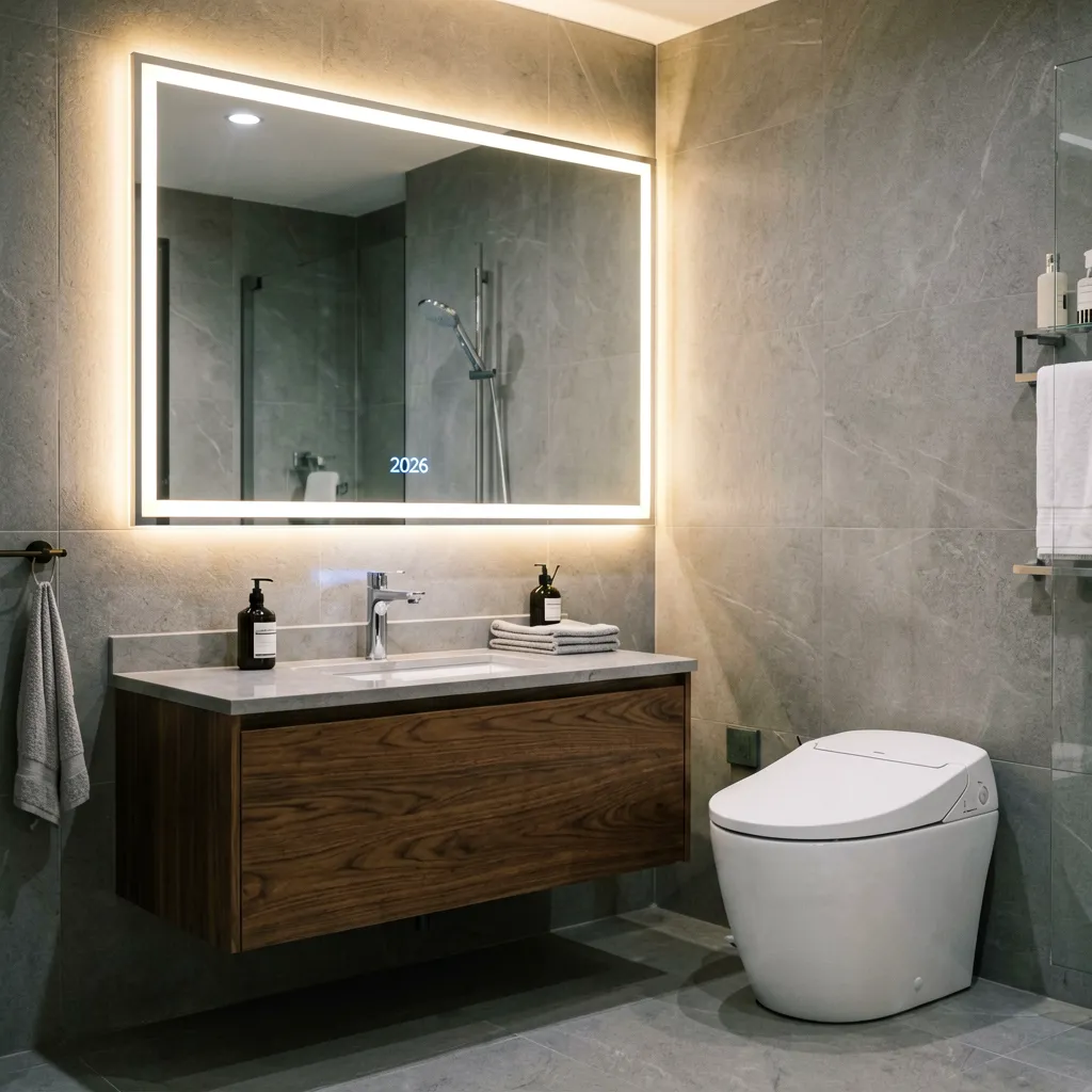 Smart bathroom technology featuring digital shower control panel, app-connected mirror display, and sensor-activated faucet