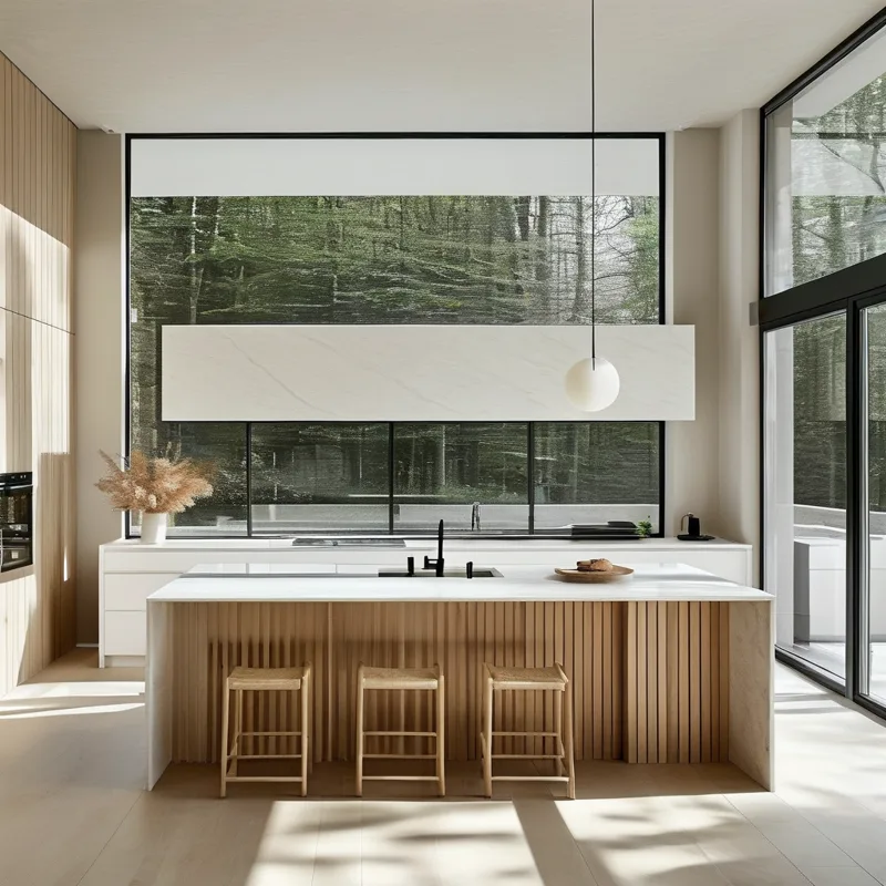 White quartz countertop in modern kitchen