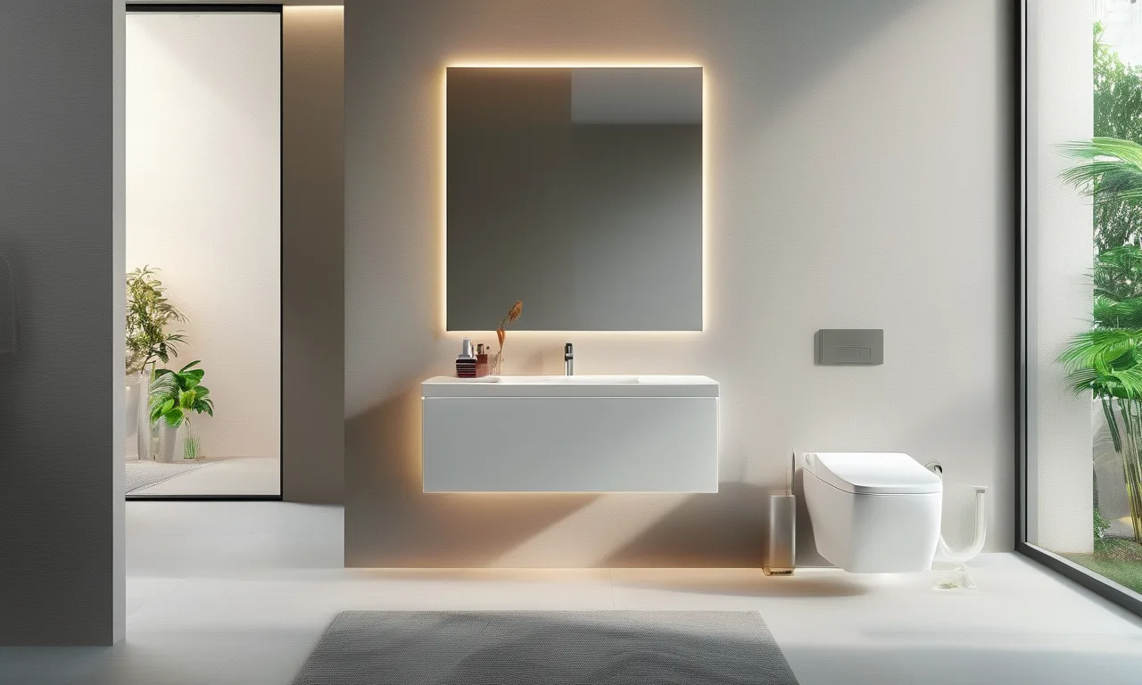 Cover of a modern smart bathroom with LED mirror and smart toilet