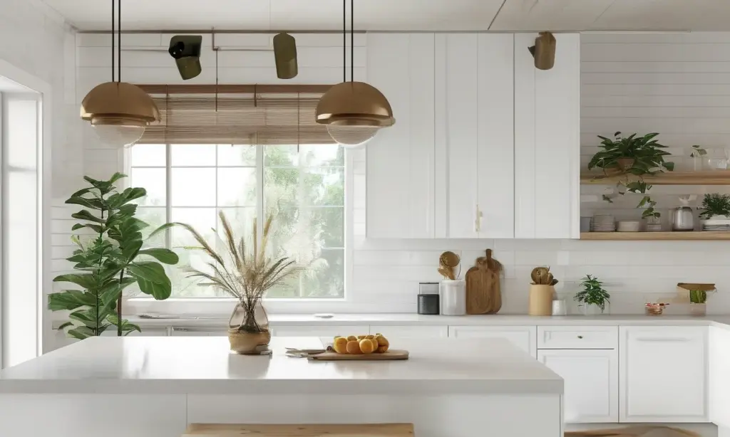 Cover of a modern white shaker kitchen with wood-tone and painted cabinets