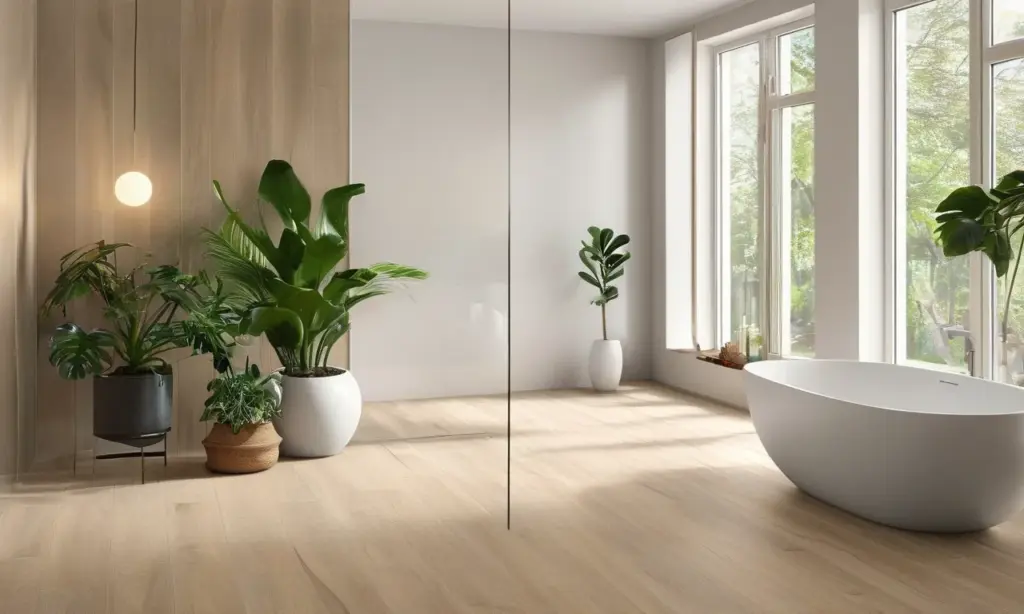 Cover of a modern bathroom with light oak-look waterproof luxury vinyl plank flooring