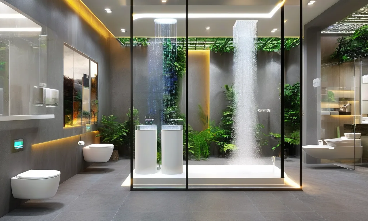 Eco-friendly dual-flush toilet and rainfall showerhead in modern sustainable bathroom showroom