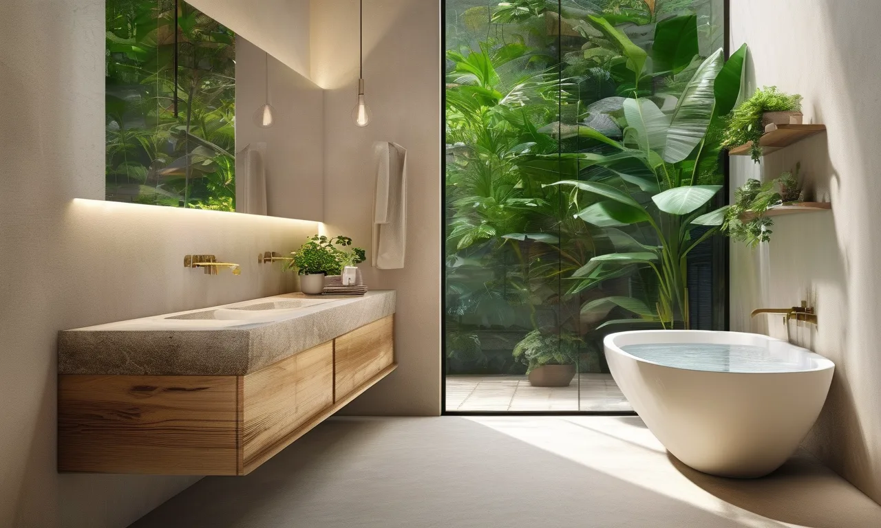 Modern sustainable bathroom featuring water-saving brushed nickel faucet and natural wood vanity