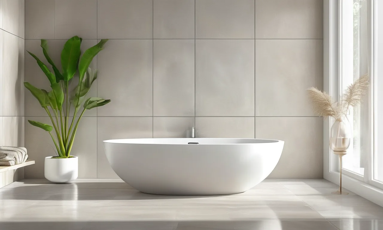 Freestanding modern bathtub in a bright bathroom