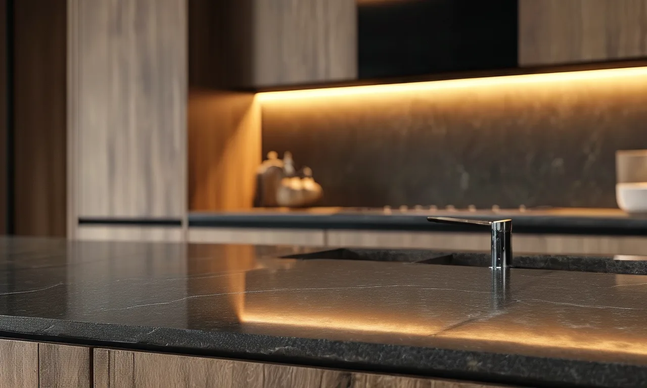 Polished dark granite kitchen countertop