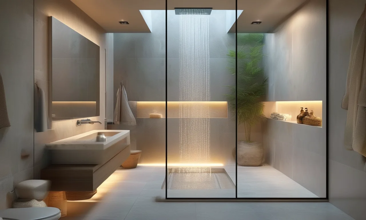 Walk-in shower with frameless glass enclosure and rainfall head