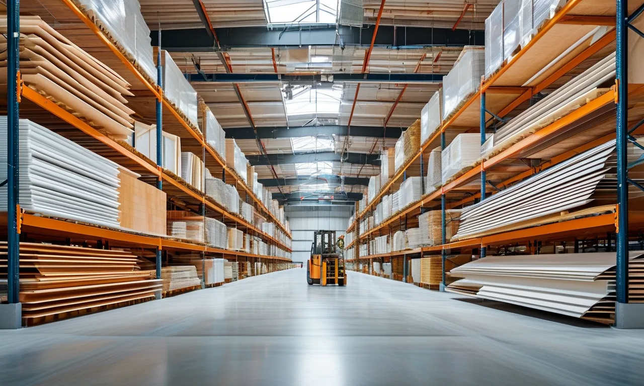 Construction materials warehouse with organized supply