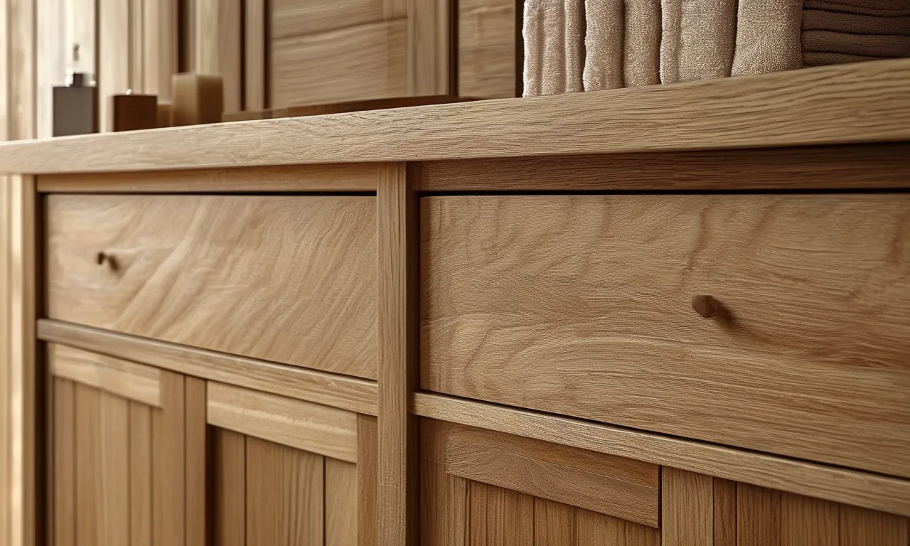 Solid oak wood bathroom vanity with natural grain