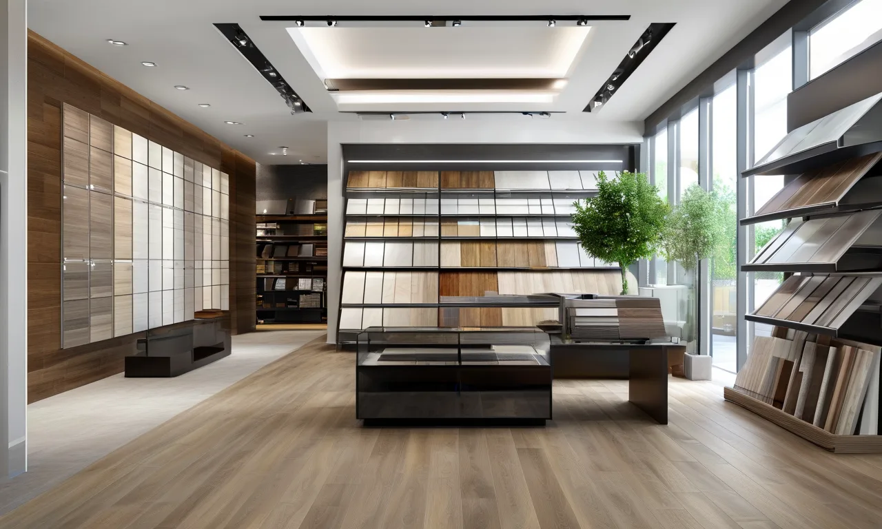 Cover of a flooring showroom with LVP, engineered wood and tile samples