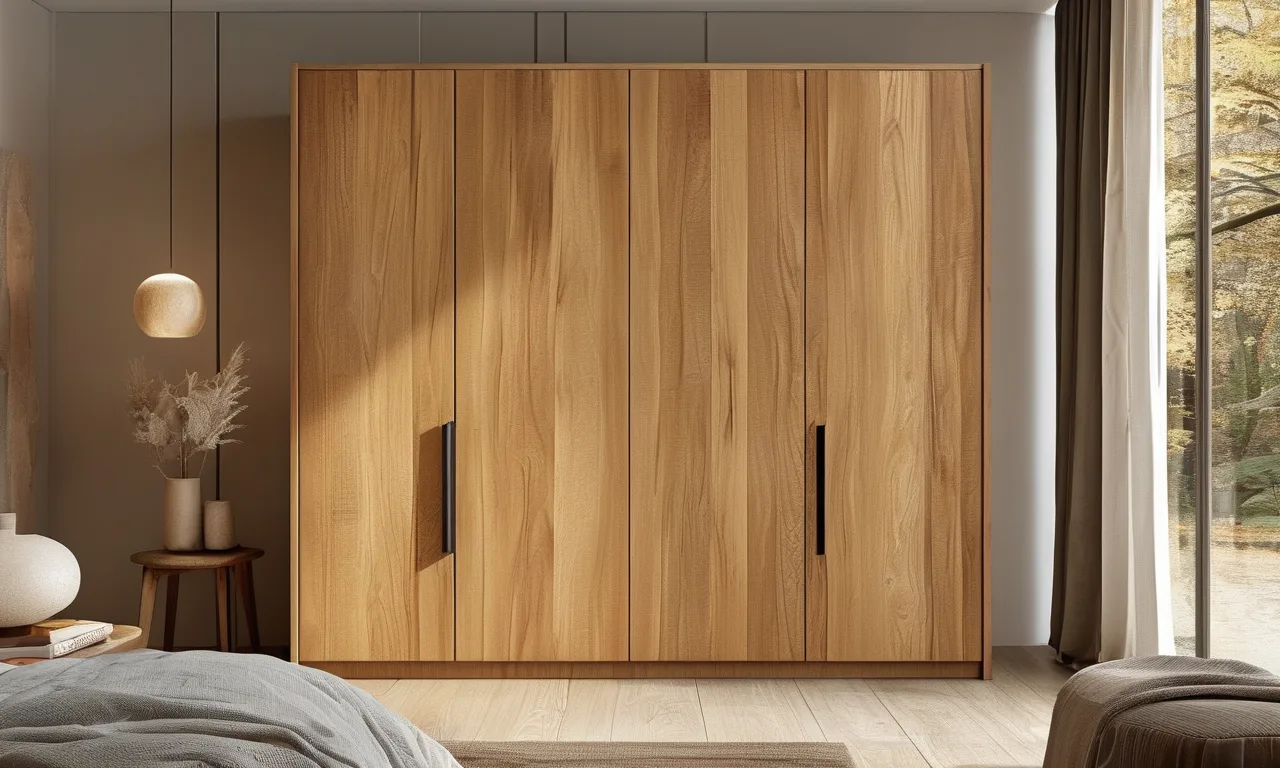 Modern solid wood wardrobe in a warm bedroom