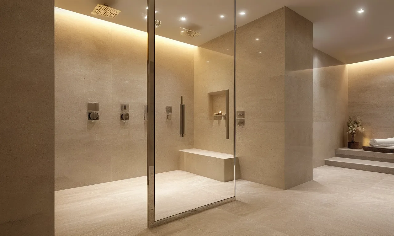 Frameless glass shower enclosure in spa bathroom