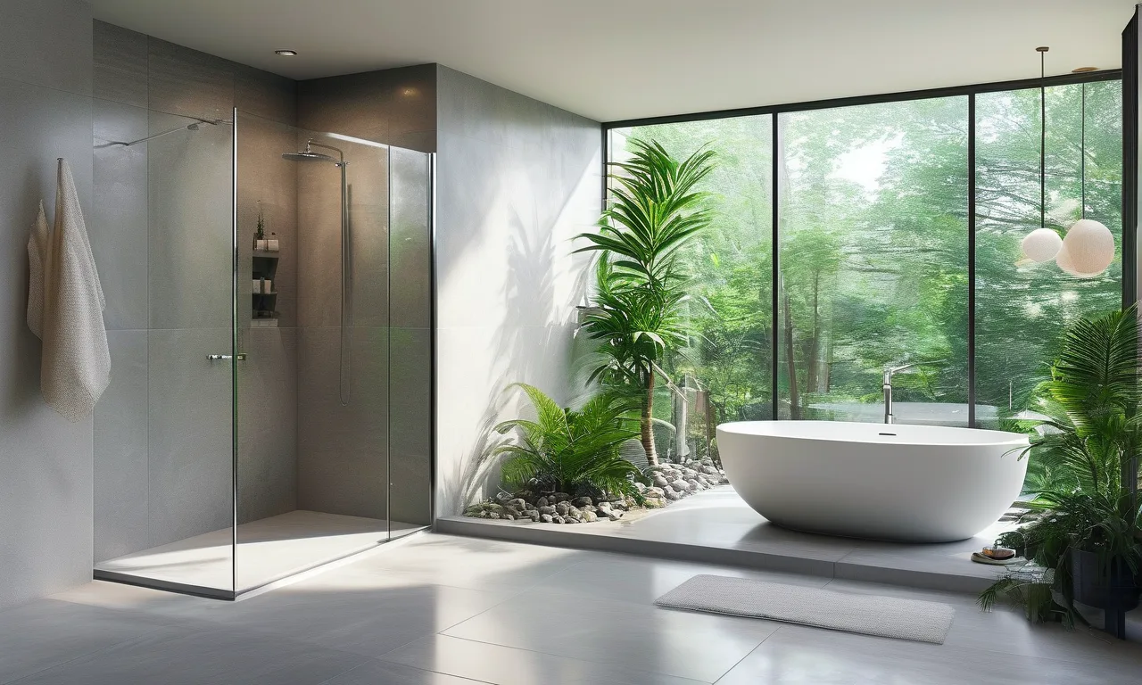 Cover of a modern bathroom with walk-in shower and freestanding tub