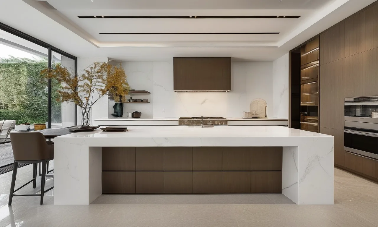 Modern kitchen with quartz waterfall island countertop