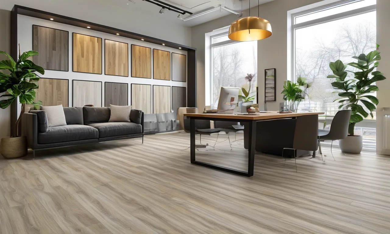 Flooring trend showroom with vinyl, laminate, wood and tile samples