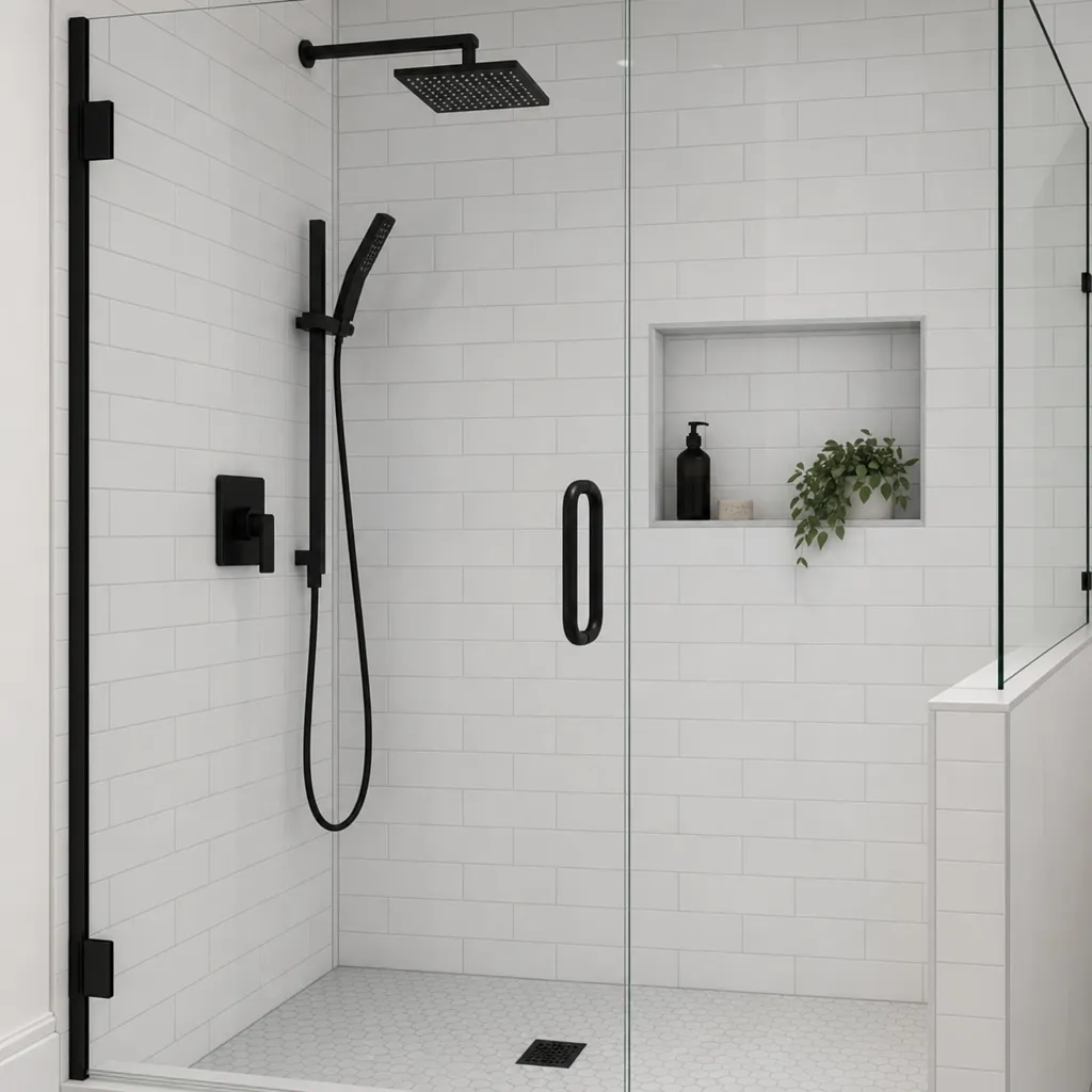 Robinetterie de douche moderne noir mat, associée à du carrelage blanc et à une cabine de douche en verre