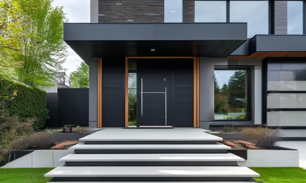 Modern front entry door with wood and black frame