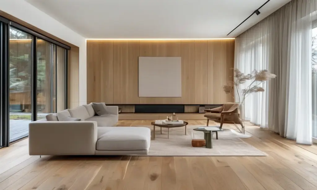 Modern living room with oak hardwood flooring